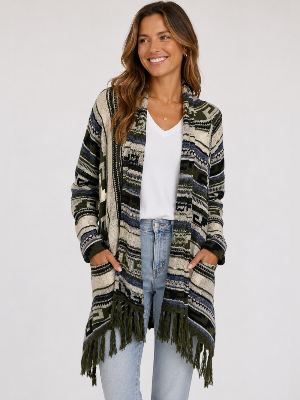 J. Jill Wool Blend Fringe Open Cardigan Sweater Boho Aztec Large